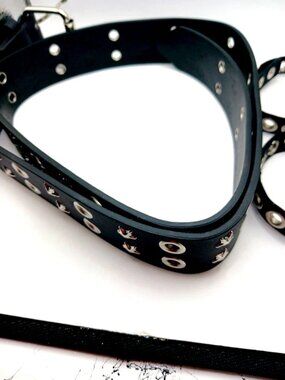 Stars + Grommets Black Vegan Leather Belt + 2 Rubber Grommet Bracelet New